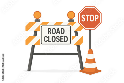 Traffic Road Barrier and Barricade Illustration with Road Closed Sign, Stop Sign, Construction Cone, Warning Sign, Detour Blockade, Caution Roadwork, Flat Vector for Website or Safety Banner