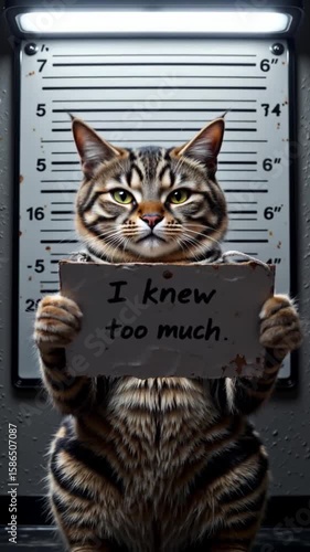Funny tabby cat holding a crime confession sign in front of a police lineup wall under interrogation lights