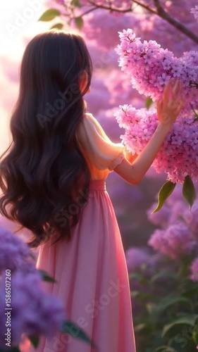 Graceful cartoon-style young woman with long flowing hair in a soft pink dress