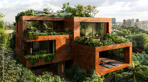 Green Rooftop Yoga Studio: A plant-covered rooftop with solar-powered heaters and mats made from recycled tires, overlooking a sustainable city. Fuses wellness with eco-friendly architecture