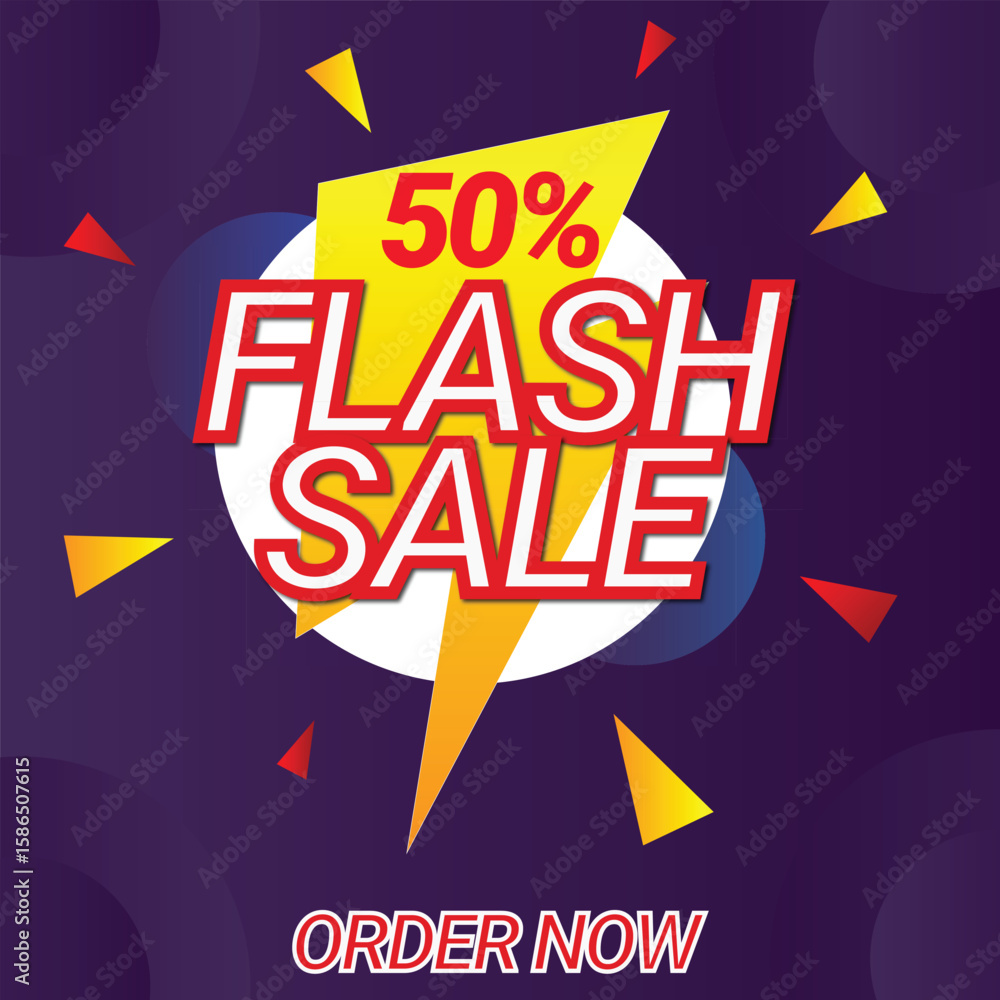 Fototapeta premium Flash Sale banner with 50% OFF. Abstract colorful background with a vector sale sign and label for all company business success. Offer Banner, off, sale, discount, flash sale, big sale, super sale.