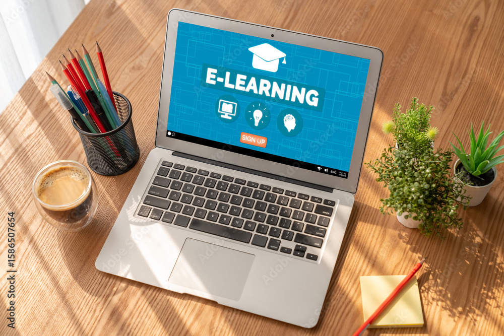 Fototapeta premium E-learning website with modish sofware for student to study online on the internet network