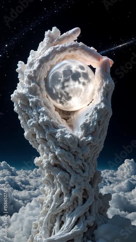 Surreal Sculpted Hands Formed from Clouds Gently Holding the Glowing Full Moon in a Dreamlike Night Sky with Stars