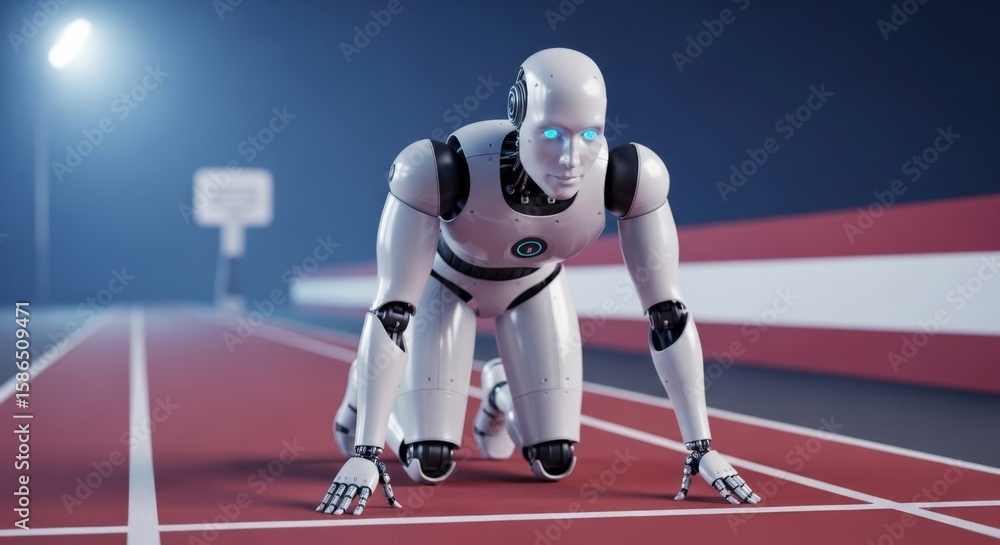 Fototapeta premium A humanoid robot in a starting position on a race track, ready to compete