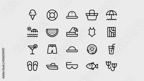 Black line art icons for summer beach vacation travel