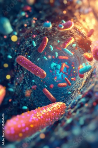 Probiotic Bacteria Under Microscope – 3D Render of Gut Microbiome