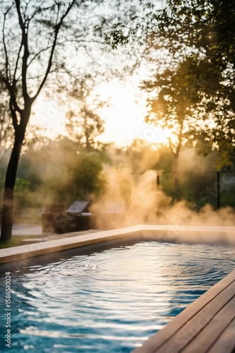 Steam Rising from Outdoor Heated Pool at Sunrise in a Tranquil Garden