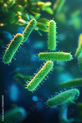 Probiotic Bacteria Under Microscope – 3D Render of Gut Microbiome