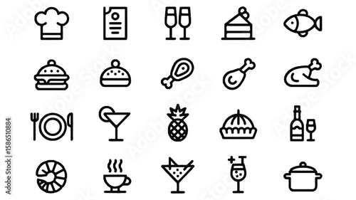 Collection of black and white food and drink icons