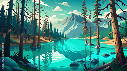 Lake Kaindy, Almaty, Kazakhstan – Submerged spruce trees pierce through turquoise waters. The sunken forest creates an eerie yet tranquil underwater world, perfect for detailed and dreamlike vector re