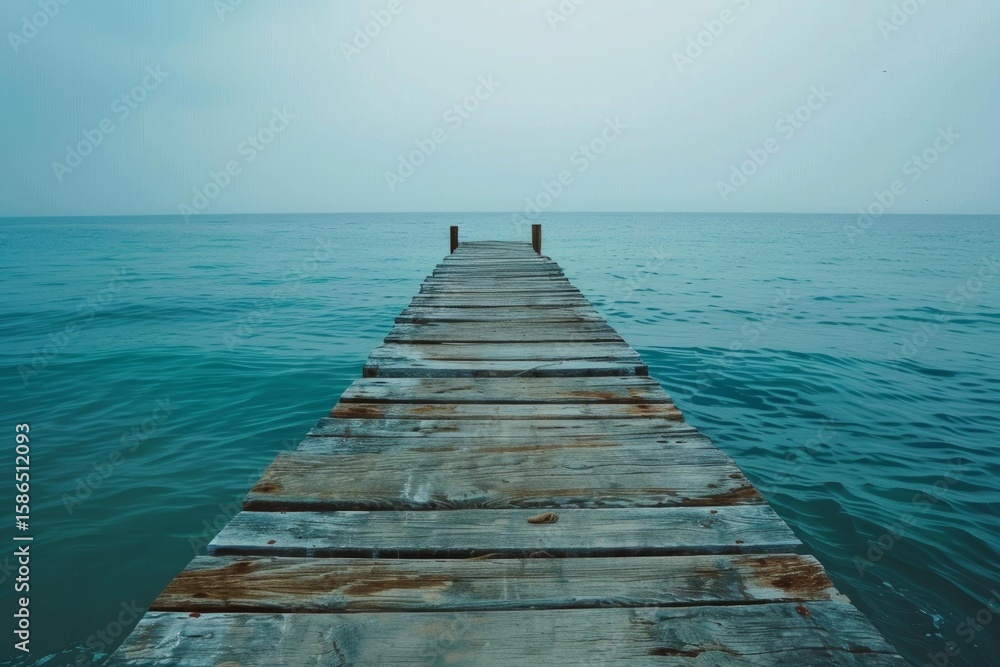 Fototapeta premium Tranquil scene of an aged wooden pier extending into a serene turquoise ocean, evoking a sense of peace and solitude under a soft, overcast sky