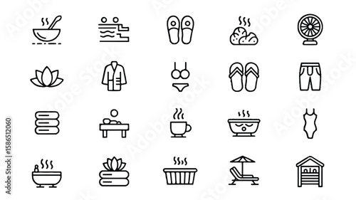 Collection of minimalist black line art spa and wellness icons