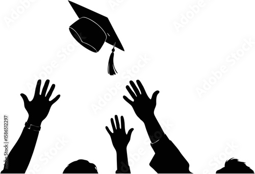  Black silhouette of graduation cap being tossed in the air by raised hands, symbolizing educational success, celebration, and milestone, vector icon on white background