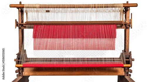 Red handloom weaving machine with threads. Traditional textile manufacturing equipment on white background