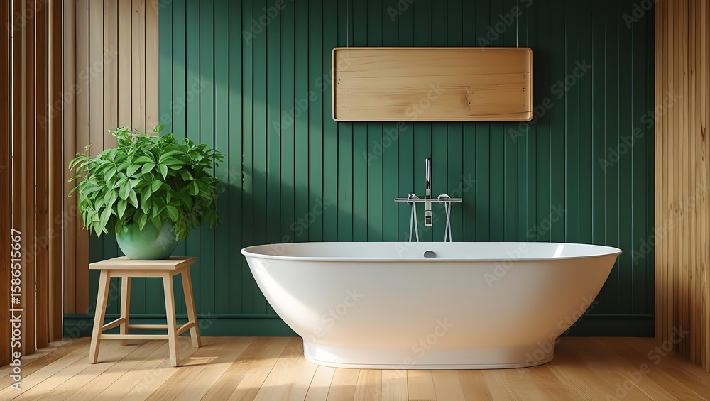 Fototapeta premium Modern bathroom with a freestanding bathtub and lush green plant