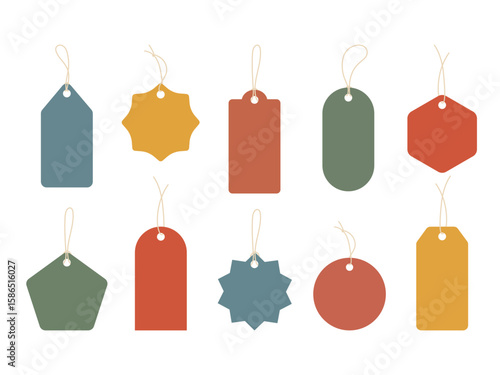 Collection of colored hanging vector tags in round hexagon rectangle starburst shapes. Perfect for branding, gift wrapping, handmade product, price label, craft market, promotion design