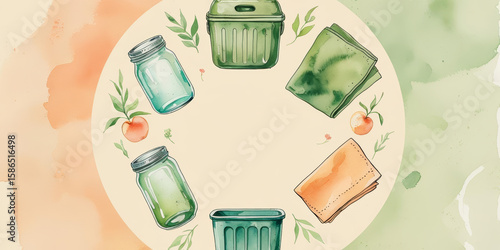 Eco friendly items in circular layout, promoting sustainability