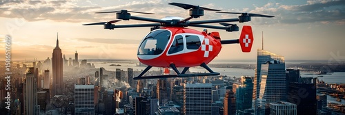Flying Ambulance Drones: Winged drones with medical pods airlifting patients over a futuristic city. Reduces emergency response times