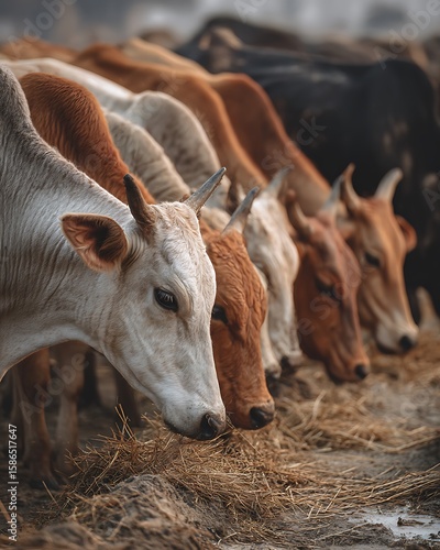 Desi Cows Eating Hay In Village Landscape high resolution image