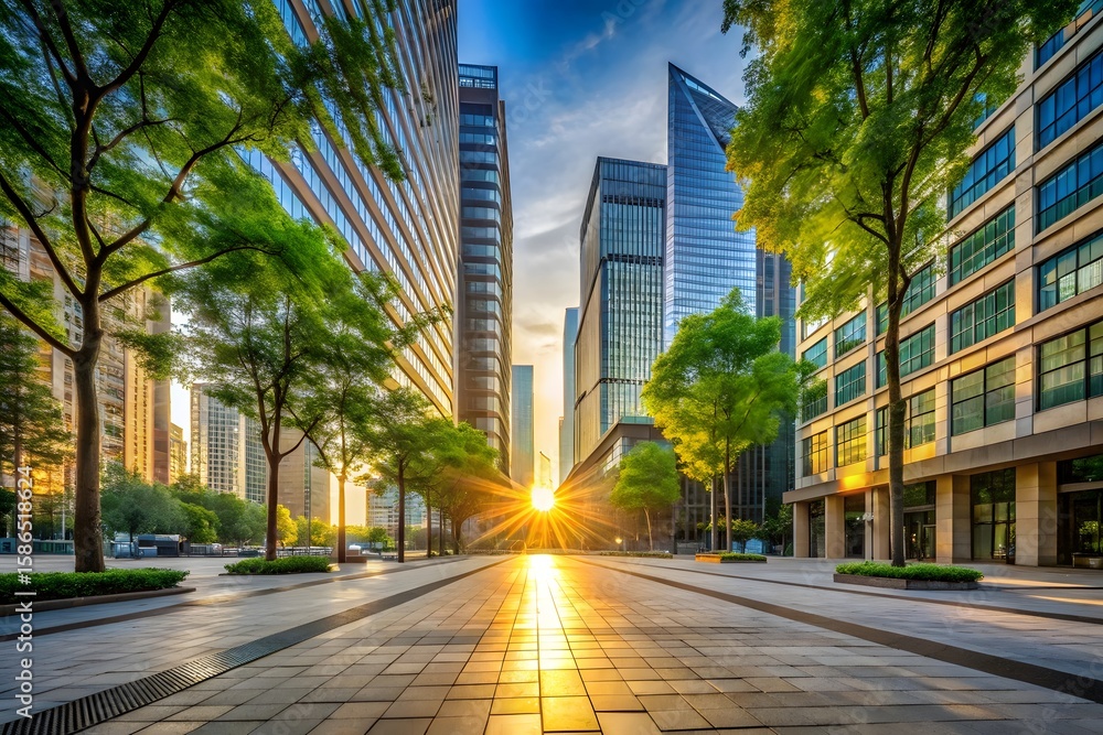 Fototapeta premium Sunburst illuminates a modern city street lined with trees and skyscrapers