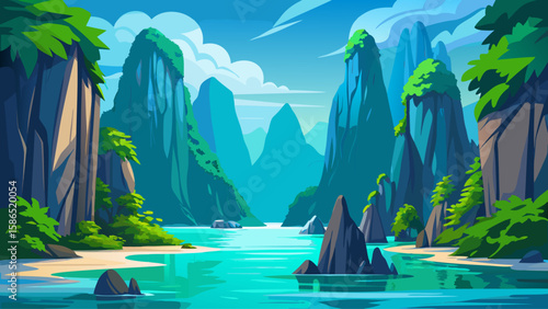 Phang Nga Bay, Krabi, Thailand – Towering limestone cliffs rise vertically from calm blue water. Mangroves and hidden caves offer layers of texture for a stunning, peaceful tropical vector composition