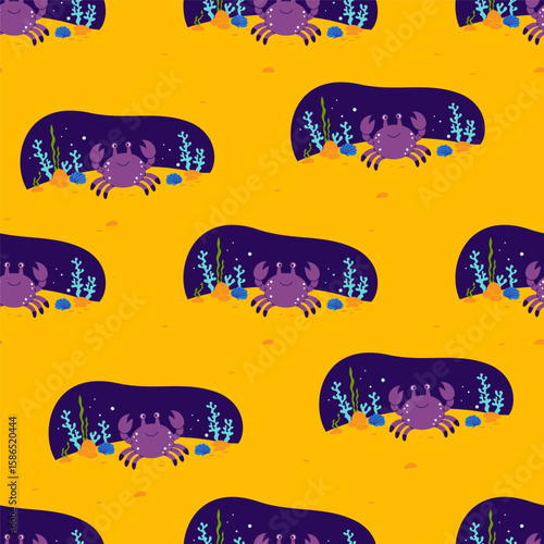 Seamless Pattern. Cute Crab and Sea algae, sandy seabed on yellow Background. Vector Illustration. Underwater Kids collection