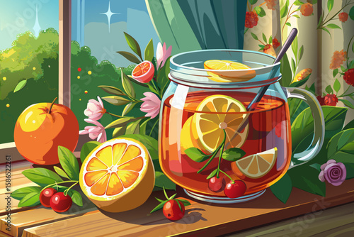 Glass jar with rosehip infusion, lemon, honey on windowsill with curtain and flowers