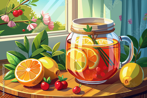 Glass jar with rosehip infusion, lemon, honey on windowsill with curtain and flowers