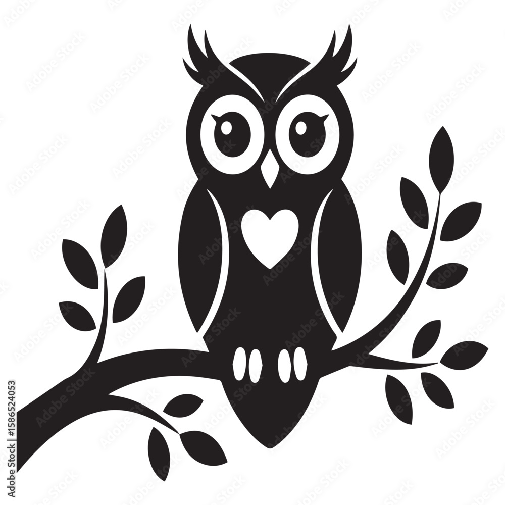 A charming black silhouette of a cute cartoon owl with large eyes and a heart on its chest perched on a tree branch with leaves against a white background