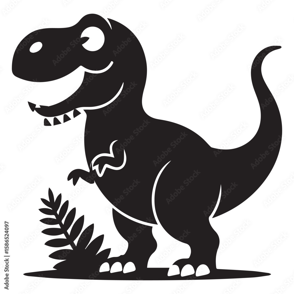 Obraz premium A cheerful black silhouette of a cartoon tyrannosaurus rex dinosaur standing next to a green fern plant on a white background