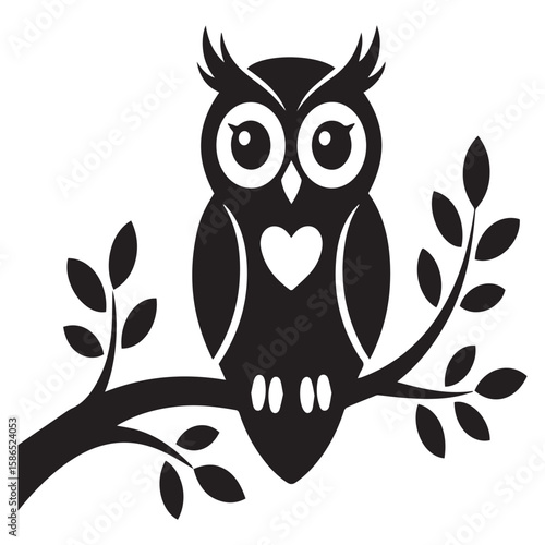 A charming black silhouette of a cute cartoon owl with large eyes and a heart on its chest perched on a tree branch with leaves against a white background