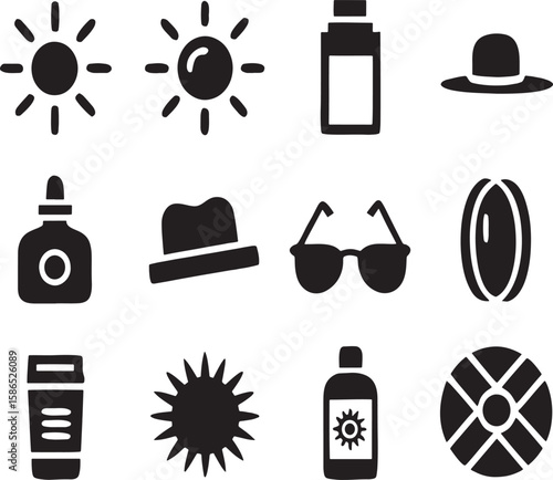 Sun Protection Icons Sun, Hats, Sunglasses, Sunscreen, Beach Essentials