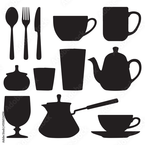 Collection of black silhouettes of various kitchenware and tableware items including cutlery cups teapots and glasses on a white background