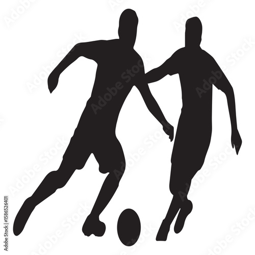 Dynamic black silhouette of two soccer players in action one dribbling the ball while the other defends isolated on white background