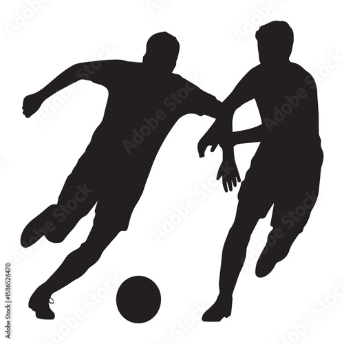 Dynamic silhouette of two soccer players in action one dribbling the ball while the other defends during a match