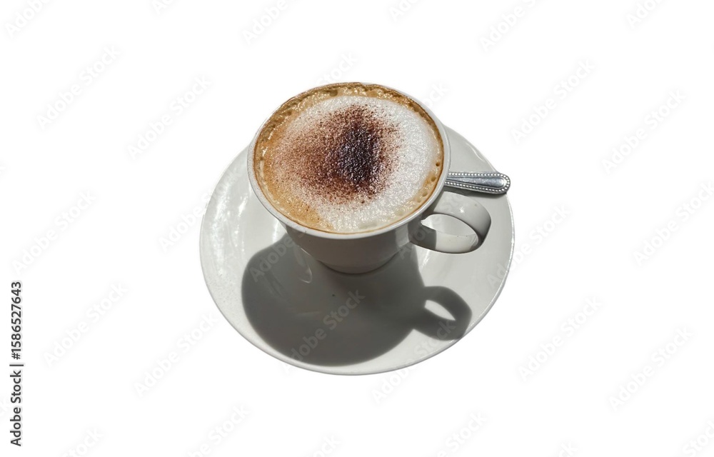 Obraz premium A cappuccino sits on a saucer against a white background, casting a shadow.