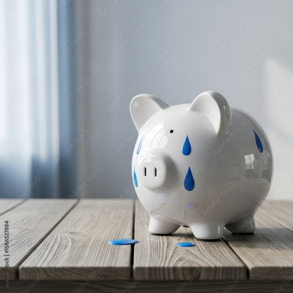 Fototapeta premium White piggy bank with blue droplets on a wooden surface