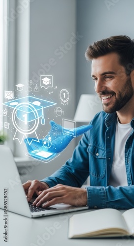 Smiling man typing on laptop with digital learning interface.