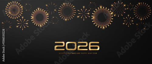 Happy New Year 2026 scene with sparkling fireworks in gold. Dark elegant night sky backdrop with glowing golden numbers. Vector celebration concept.