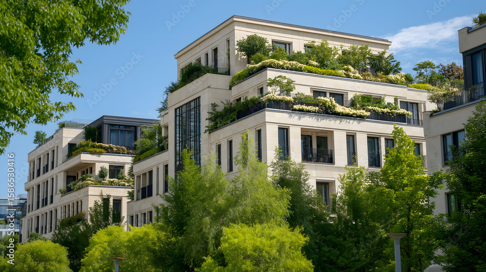 Fototapeta premium Contemporary Urban Living: Sustainable Modern Architecture of High-Rise Apartments with Green Spaces and Tree-lined Streets