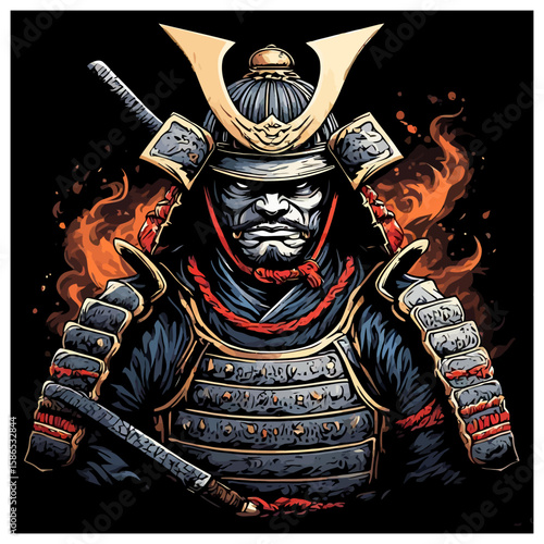 Bold Illustration of a Samurai Warrior in Armor with Fiery Flames