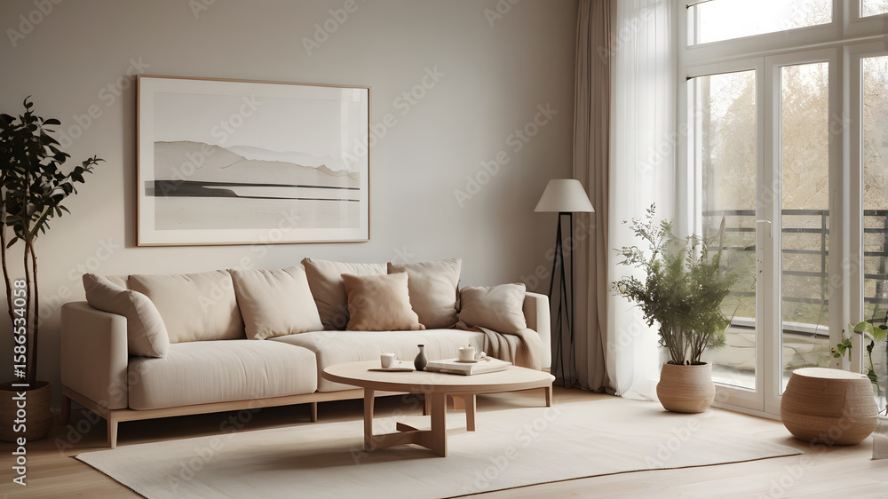 A living room with a white couch, a coffee table, and a potted plant A living room with a white couch, a coffee table, and a potted plant