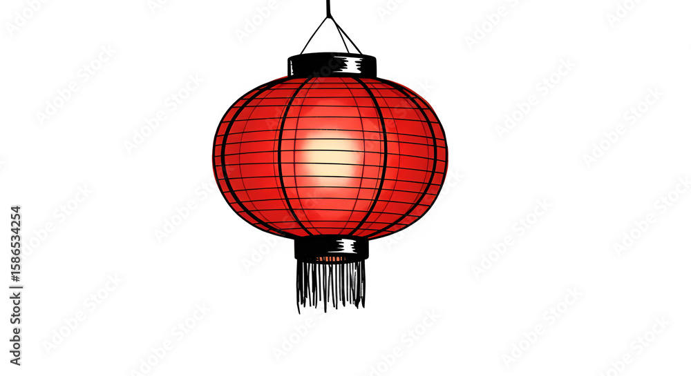 Obraz premium Red paper lantern hanging with traditional tassel detail isolate red Chinese paper lantern, isolated on white background, traditional New Year decoration,