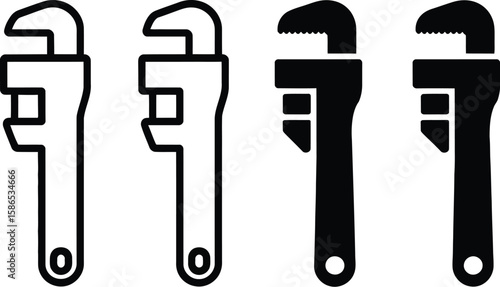 Four adjustable wrenches in black and white outline against a plain white background in a row format