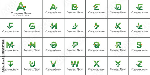 Collection of green alphabet letter logos with leaf and orange dot accents for eco friendly businesses