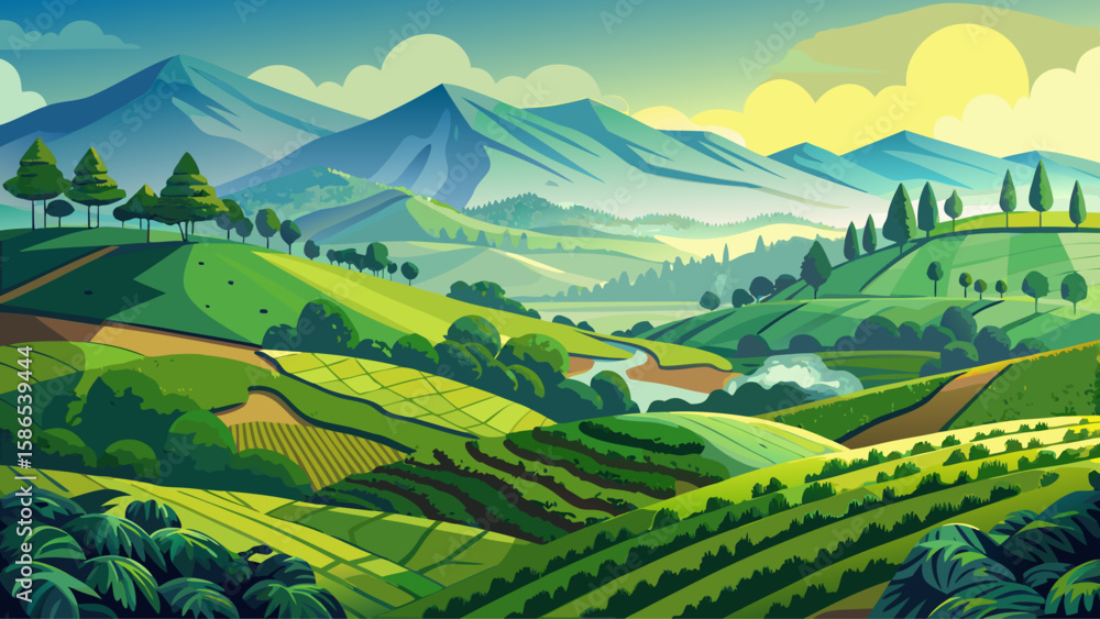 Naklejka premium Nuwara Eliya, Central Province, Sri Lanka – Rolling green hills of tea plantations shimmer under morning mist. , great for vibrant vector storytelling.