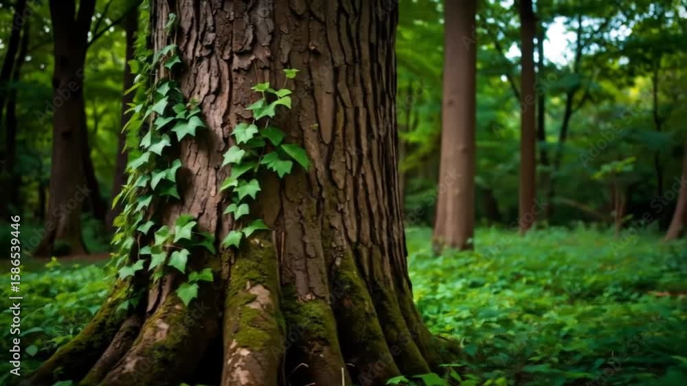 A thick tree trunk, adorned with green vines, stands prominently in a lush, verdant forest. The forest floor is covered in green foliage A thick tree trunk, adorned with green vines, stands prominently in a lush, verdant forest. The forest floor is covered in green foliage