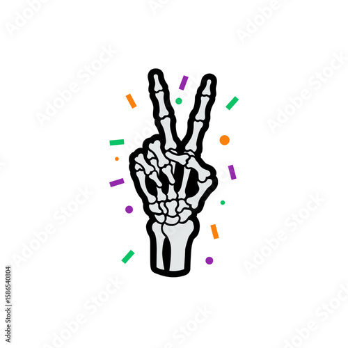 Skeleton Hand Making a Peace Sign with Colorful Confetti Background