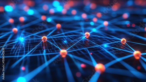 Abstract network of orange nodes connected by glowing blue lines, with soft bokeh