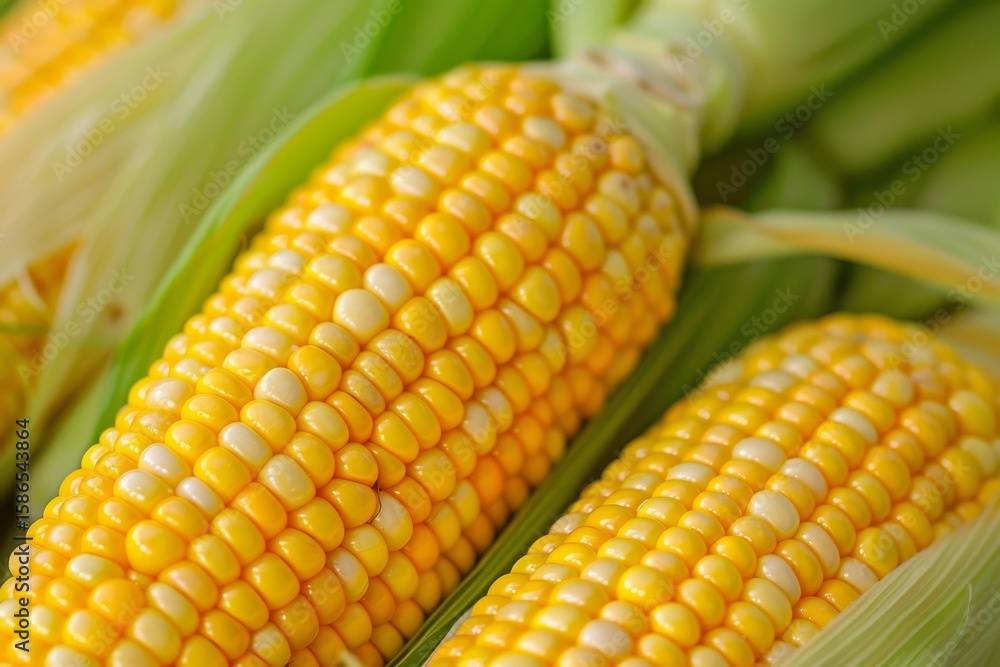 Ripe corn on the cob displaying its vibrant yellow kernels and green husk, suggesting freshness and farm to table goodness Ripe corn on the cob displaying its vibrant yellow kernels and green husk, suggesting freshness and farm to table goodness